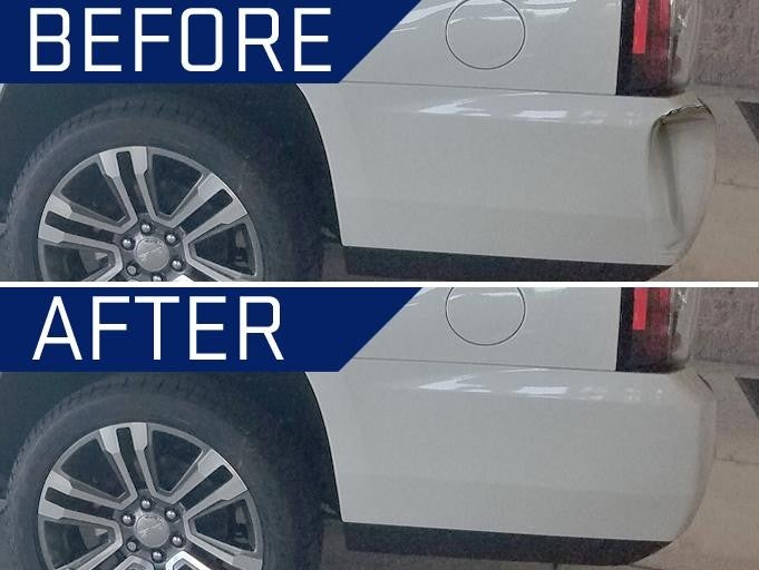 Before and after car rear bumper dent fix