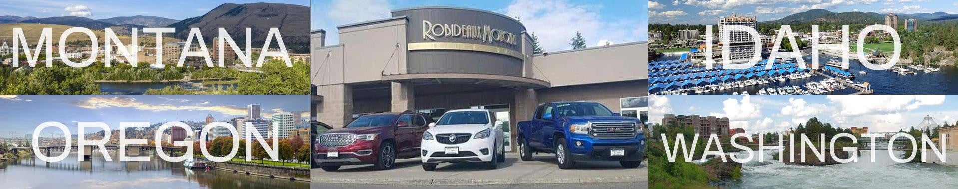 Photo outside the Robideaux Motors dealership with pictures of other state locations